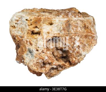 Makroaufnahmen von natürlichen Mineralien - Wulfenitkristalle auf rohen Felsen isoliert auf weißem Hintergrund aus dem Ural Mountains Stockfoto