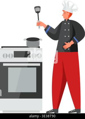 Man Chef kocht mit Küchensapula, die leckeres Essen beim Stehen neben dem Herd, Vektor flache Illustration lokalisiert auf weißem Hintergrund. Restaura Stock Vektor