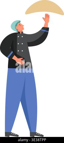 Man Chef kocht, der Pizzateig wirft, flache Illustration des Vektors isoliert auf weißem Hintergrund. Restaurant-Mitarbeiter Pizzaiolo in Uniform-Pizza. Stock Vektor