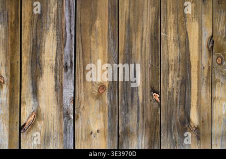 Verwitterte, leicht gebeizte braune Holzverkleidung mit sichtbarer Körnung und abgenutzten Bereichen Stockfoto