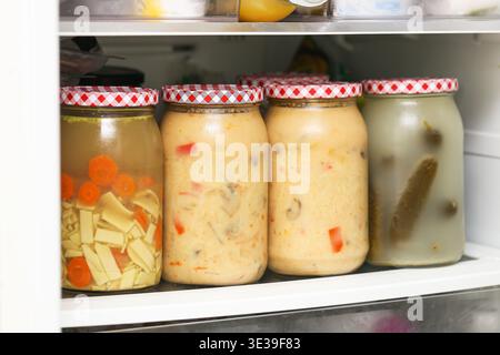 Hausgemachtes eingelegtes Gemüse in Glasgläsern im Kühlschrank. Traditionelles Lagerungs- und Fermentationskonzept für Konserven in der Küche zu Hause. Stockfoto