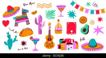 Cinco de Mayo mexikanische Feiertage. Handgezeichnete fiesta-Kollektion mit dekorativen Elementen und Symbolen. Mexiko-Symbole gesetzt. Stock Vektor