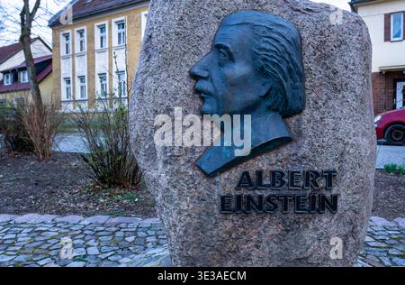 Gedenkstein mit Porträt des Physikers Albert Einstein in Caputh Brandenburg, in der Nähe der ehemaligen Sommerresidenz des Wissenschaftlers. Stockfoto