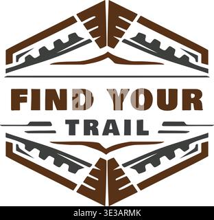 Dekorative, sechseckige Abzeichen-Illustration mit Text zum Suchen des Trails, eingerahmt von stilisierten Bergbahnen und auffälligen geometrischen Randelementen. Stock Vektor