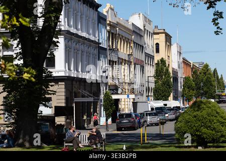 City Street im Zentrum von Dunedin, Otago, Südinsel, Neuseeland. Stockfoto