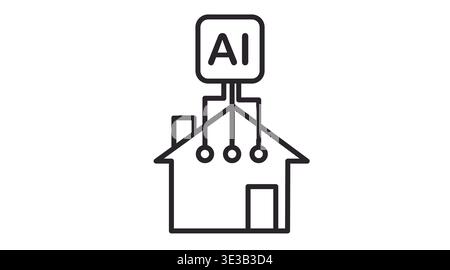 Schwarze Linie für ein Smart-Home-Konzept mit einem Haus mit KI-Buchstaben und Schaltungsanschlüssen. Stock Vektor