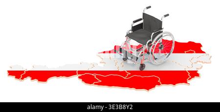 Rollstuhl mit österreichischer Flagge. Behinderung in Österreich Konzept, 3D-Rendering isoliert auf weißem Hintergrund Stockfoto