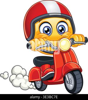 Niedliches Emoji Emoticon auf rotem Roller mit Helm Stock Vektor