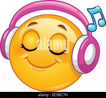 Emoji Emoticon trägt rosa Kopfhörer und hört Musik Stock Vektor