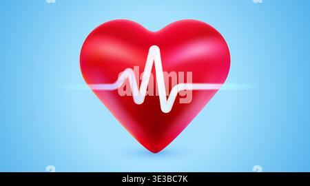 Lebendiges rotes 3D-Herz mit weißer EKG-Linie auf hellblauem Hintergrund. Vektorabbildung Stock Vektor
