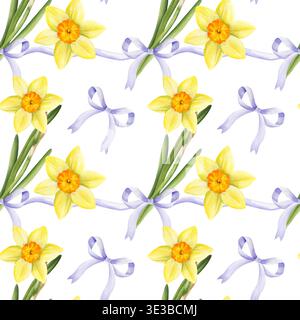 Aquarellgelbe Frühlingsblumen und Fliederschleifen, nahtloses Muster mit handgezeichneten Primeln, Narzissen, Narzissen, Schneeglöckchen, FrühlingsOstern Illustraten Stockfoto