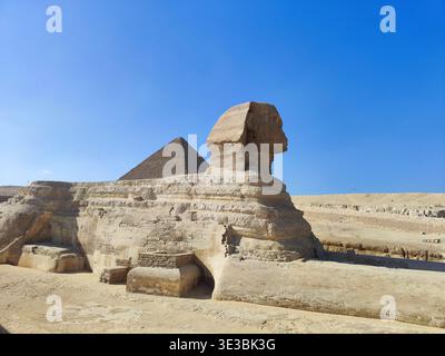 Profil Ansicht der Großen Sphinx von Gizeh mit der Pyramide von Khafre im Hintergrund Stockfoto