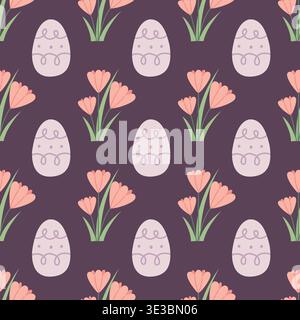 Nahtloses ostereimuster mit Tulpenblüten in sanften Pastelltönen. Perfekt für Textilien, Geschenkpapier und Oberflächengestaltung. Niedlich modern Stock Vektor