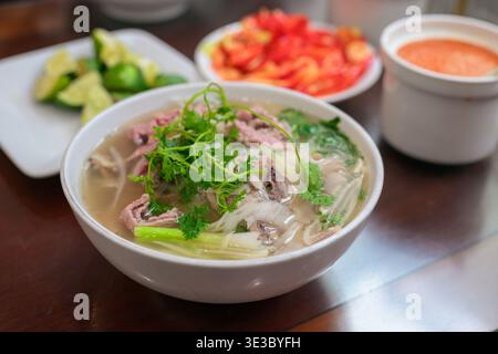 Eine Schüssel mit traditioneller vietnamesischer Rindfleischnudelsuppe, bekannt als Pho bo, serviert mit frischem Koriander und grünen Zwiebeln. Das Gericht wird von einer Beilage begleitet Stockfoto