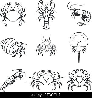 Line Art Crustacean Vector Set: Minimalistische Krabben-, Hummer-, Garnelen- und Hufeisenkrabben-Symbole für Meeresfrüchte-Design-Logos Stock Vektor