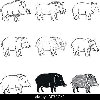 Minimalistisches Wild Boar Line Art-Symbol-Set, Warzenschwein- Und Schweinevektoren Stock Vektor