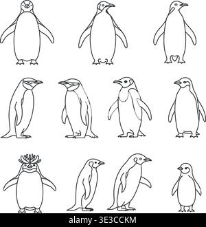 Minimalistisches Pinguin Line Art Iconset, Emperor, Macaroni & Baby Pinguin Vektoren Stock Vektor