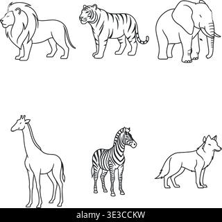 Safari & Wild Animal Line Art Icon Set, Löwen, Tiger, Elefant & Zebra Vektoren Stock Vektor