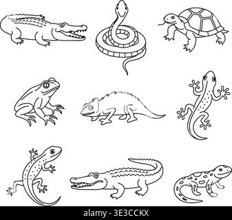 Minimalistisches Reptilien- Und Amphibien-Line-Art-Symbol-Set, Krokodil-, Schlangen- Und Echsenvektoren Stock Vektor