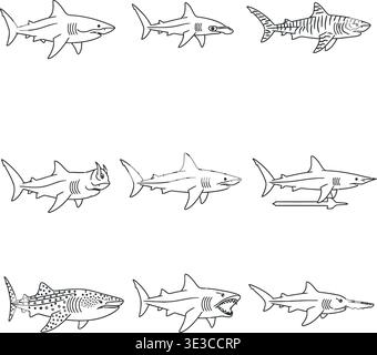 Minimalistische Shark Species Line Art Icon Set, Great White, Hammerhead & Whale Shark Vektoren Stock Vektor
