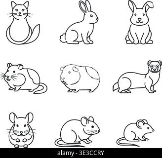 Minimalistisches Kleines Pet Line Art Icon Set, Katze, Kaninchen, Hamster & Meerschweinchen Outline Vektoren Stock Vektor