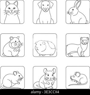 Gerahmtes Pet Line Art Icon Set, Katze, Hund, Kaninchen, Hamster Und Chinchilla Vektoren Stock Vektor