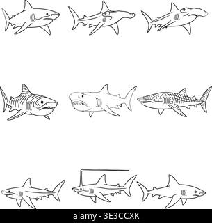 Minimalistisches Shark Species Line Art Vector Set, Great White & Hammerhead Outlines Stock Vektor