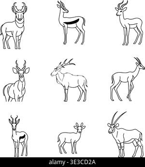 Einzigartige afrikanische Antilope Line Art Icon Set, Gazelle, Kudu und Oryx Outline Vektoren Stock Vektor