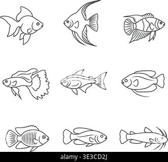 Süßwasser Aquarium Fish Line Art Set, Einzigartige Guppy, Angelfisch & Wels Outline Vektoren Stock Vektor