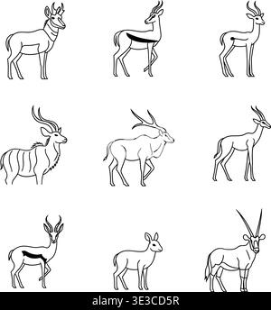 Afrikanische Antilopen & Gazelle Line Art Icon Set, Impala, Kudu und Oryx Outline Vektor Illustrationen Stock Vektor