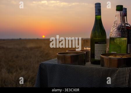 Wenn die Sonne über der Savanne untergeht, ist es Zeit für einen afrikanischen Sundowner. Weinflaschen liegen neben Schüsseln auf einer karierten Tischdecke. Abendlicht taucht auf Stockfoto