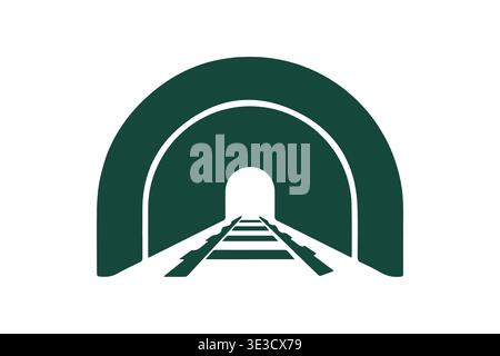 Eingang des Eisenbahntunnels mit Gleisanzeige, dunkelgrüne U-Bahn- oder Zugverkehrsvektorsymbol Stock Vektor