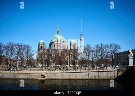 Berliner Skyline mit Berliner Dom und Fernsehturm neben der Spree unter klarem blauem Himmel. Stockfoto