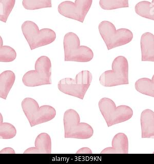 Nahtloses Aquarellmuster mit zarten rosa Herzen auf weißem Hintergrund, perfekt für romantische Valentinstag-Textilien, Kinderzimmer-Tapeten und Hochzeitsgeschenk-Verpackung Stockfoto