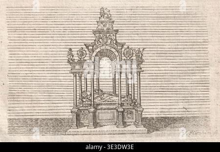 Gravur des Grabes von Königin Elisabeth I. in Westminster Abbey aus der Sammlung englischer Monarchen, erstellt von Thomas Kitchin, 1763. Stockfoto