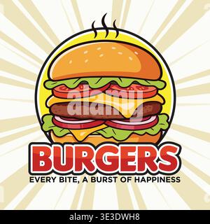 Modernes Burger-Logo mit Kreisabzeichen und Sunburst Hintergrund Clean Vector Style Stock Vektor