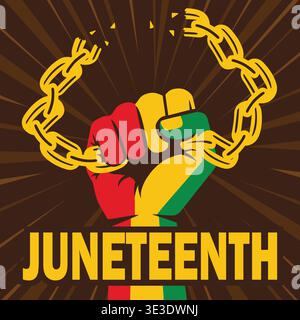 Poster des Juneteenth Freedom Day mit erhobener Faust und gebrochener Kette, afroamerikanischer Feiertags-Vektor-Illustration Stock Vektor