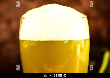 Nahaufnahme eines kalten Bieres mit dichtem Schaumkopf in einem Glas. Warmer dunkler Hintergrund und sichtbare Kondensation für Getränke-, Bar- und Erfrischungskonzepte. Stockfoto
