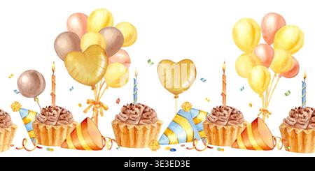 Ein heller, festlicher horizontaler, nahtloser Rand aus gelben, orangefarbenen und braunen Ballons und Herzen, Partyhüten und Cupcakes mit flammenden Kerzen. Hand-dra Stockfoto
