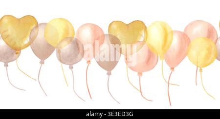Ein heller, festlicher horizontaler, nahtloser Rand aus fliegenden gelben, orangefarbenen und braunen Ballons und einem Herz. Handgezeichnetes Aquarell-Clip-Art auf einem isolierten b Stockfoto
