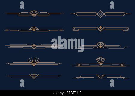 Set aus zehn Art déco-Grenzen mit dünnen geometrischen ornamentalen Linien auf dunkelblauem Hintergrund. Luxuriöses Vintage-Design und dekorative Vorlagen Stock Vektor