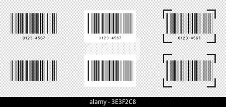 Satz von Barcode-Tags mit Scannerrahmen. Barcodeetiketten isoliert auf transparentem Hintergrund. Aufkleber mit visueller Datendarstellung mit Stock Vektor