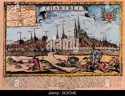 Eine detailreiche handfarbene Gravur aus dem 17. Jahrhundert bietet einen Panoramablick auf Chartres, Frankreich. Die markanten Kathedralentürme der Stadt ragen über die befestigten Mauern, umgeben von einer Landschaft mit Figuren und einer kleinen Landkarte. Stockfoto
