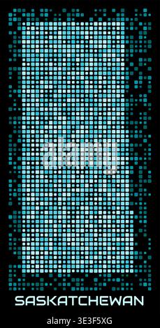 Digitale gepunktete Karte in Saskatchewan, Kanada. Form der Provinz in Cyan-Farbpalette auf dunklem Hintergrund. Futuristisches Kartendesign in Saskatchewan, Kanada. Stock Vektor