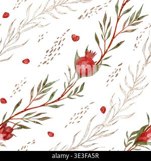 Farbenfrohes Dekorationsmuster Der Saison. Diagonale Granatapfelabbildung, Geeignet Für Festliche Verpackungen. Lebendiges, herbstliches Aquarell mit schlanken Blättern und Samenelementen handgezeichnetes, nahtloses botanisches Muster. Stockfoto