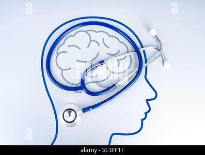 Psychisches Gesundheitsbewusstsein und neurologisches Untersuchungskonzept mit Stethoskop an menschlicher Kopfform mit Hirnillustration. Hirnuntersuchung, Psycholog Stockfoto