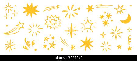 Collage-Set mit goldenen Stickersymbolen. Stern-Symbol-Skizze Hand gezeichnete Linie Pinsel Buntstift Textur Vintage Hintergrund. Niedliches Kind magisches Funkeln, glühender Mond, Raumfigur. Vektorabbildung Stock Vektor