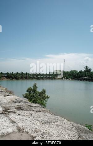 Klarer blauer Himmel über ruhigem, grünem Wasser. Felsiges Ufer mit kleinem Busch und verstreuten Kieselsteinen. Der hohe Stab steht in der Nähe von Palmen gesäumter fernen Küste. Flachwasser s Stockfoto