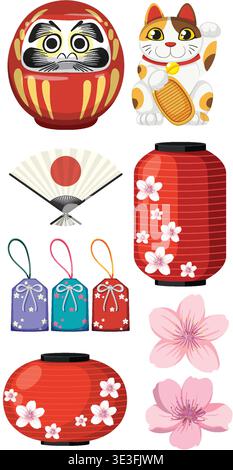 Helle Vektorillustration japanischer Ikonen, einschließlich Laternen, Glückskatze, Daruma und Kirschblüten Stock Vektor