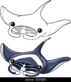 Zwei stilisierte Mantarochen-Charaktere in farbigen und schwarz-weißen Strichgrafiken Stock Vektor